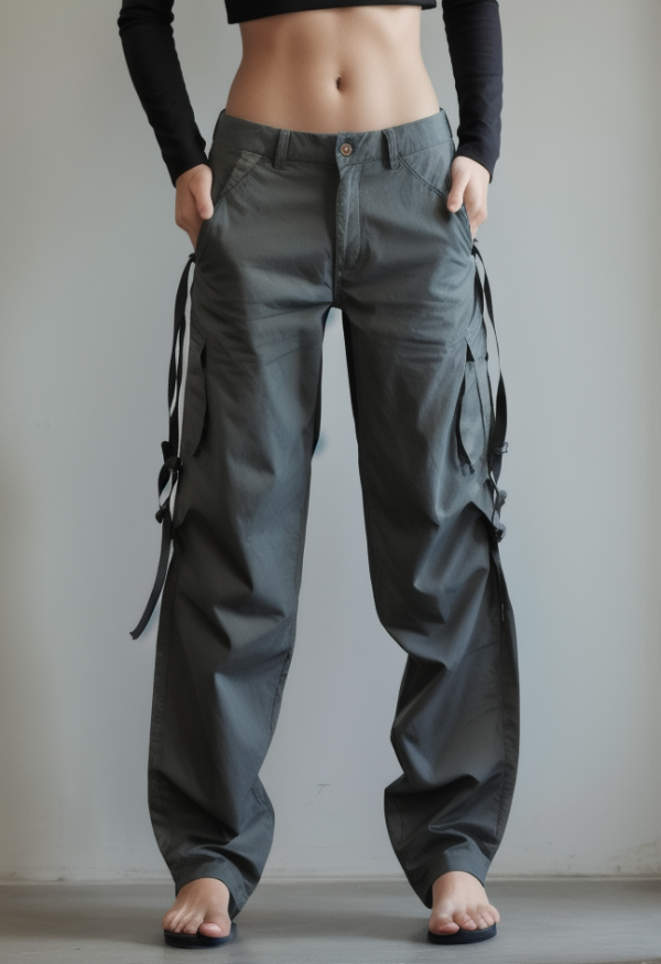 Tie Strap Cutout Parachute Cargo Pants